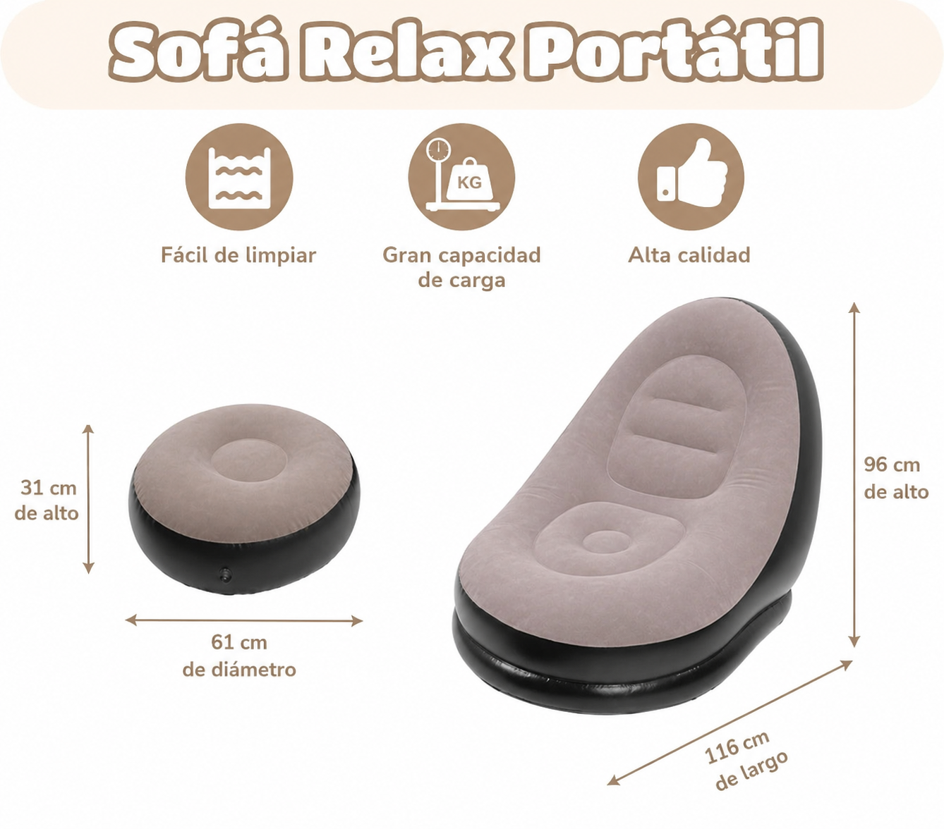 🛋️ Sofá Inflable con Reposapiés — Portátil para Casa, Playa y Camping