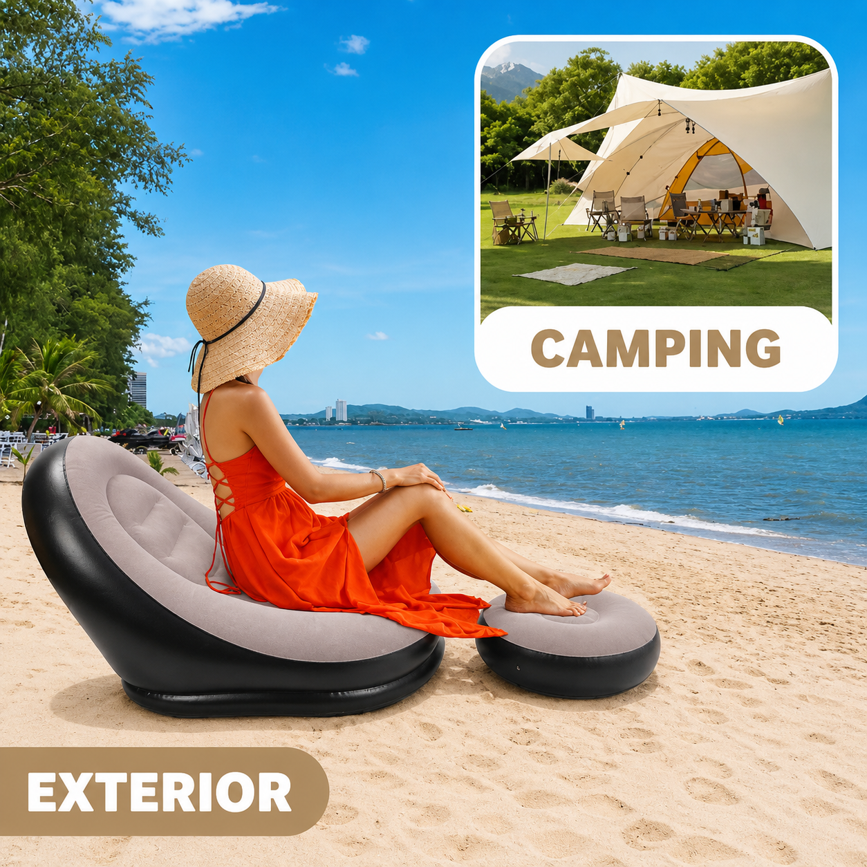 🛋️ Sofá Inflable con Reposapiés — Portátil para Casa, Playa y Camping