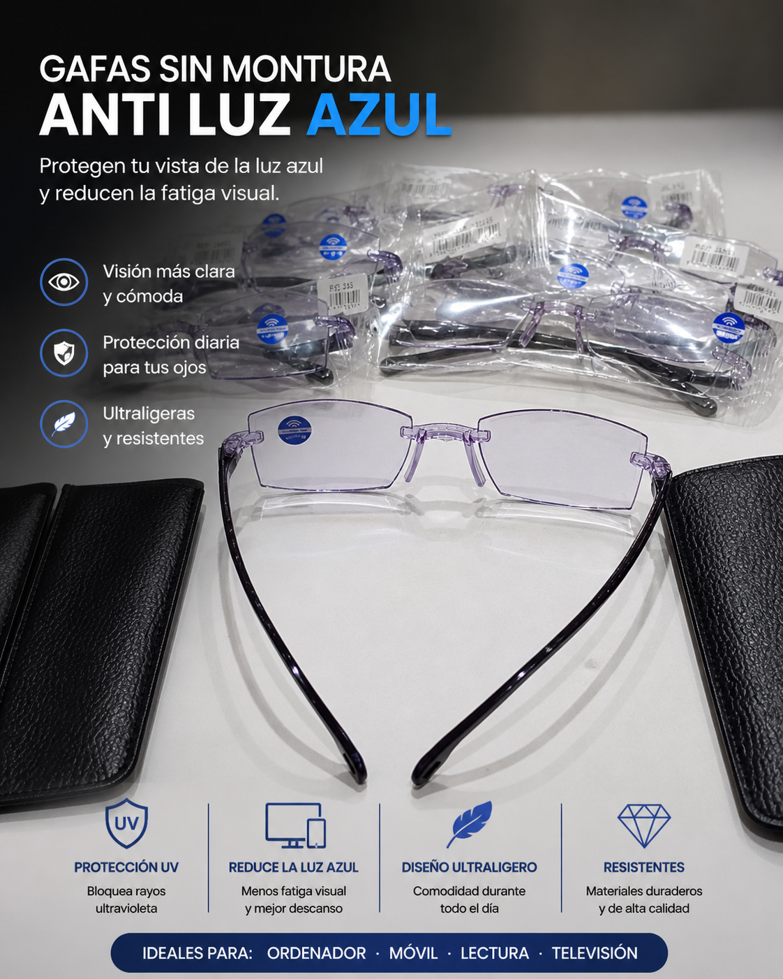 👁️ Gafas Multifocales Autograduables Anti Luz Azul + Funda de Cuero